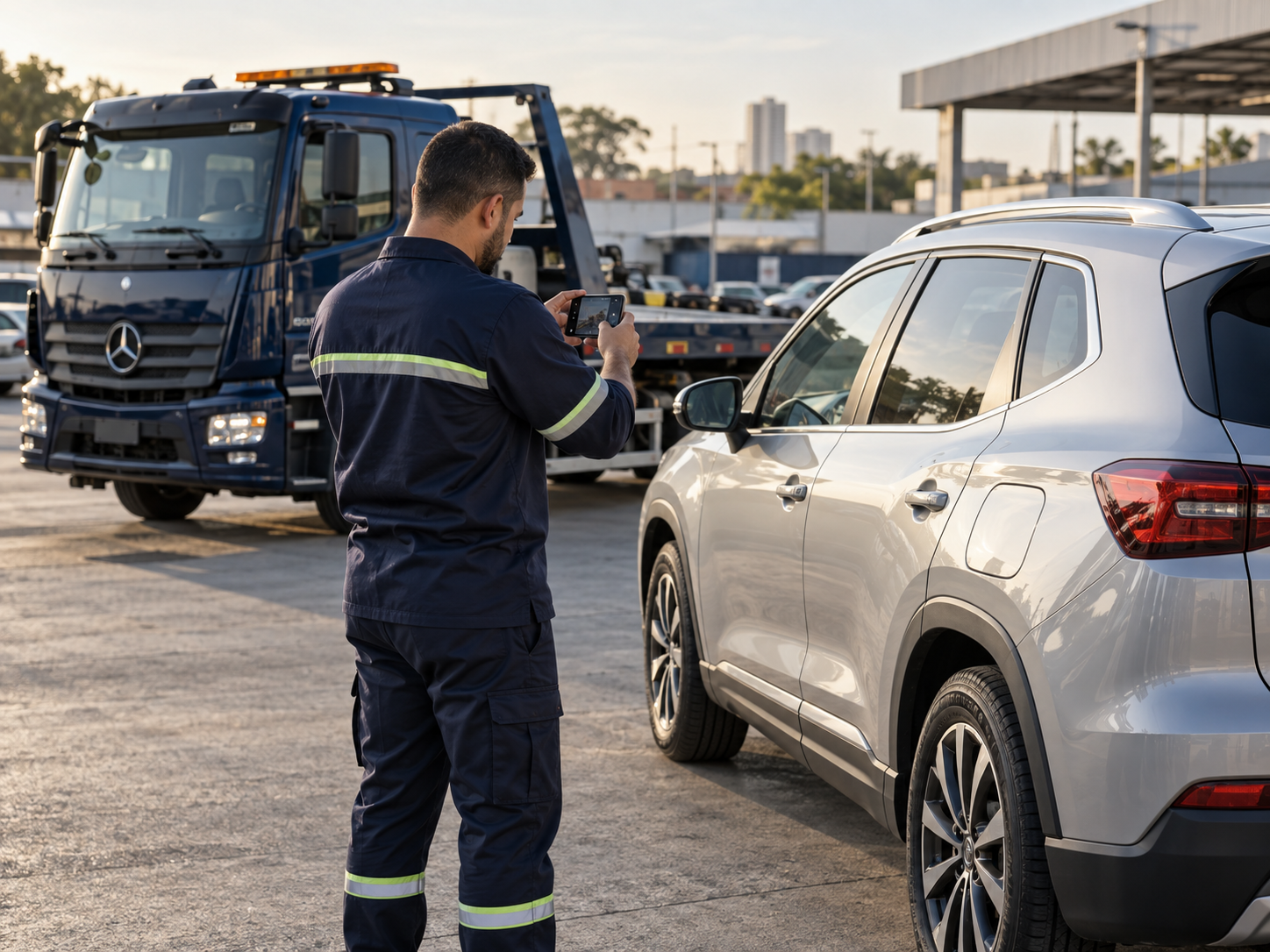 Operador registrando pelo celular o estado de um SUV ao lado de um guincho Mercedes-Benz